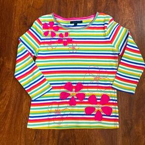 Boden Girl Long Sleeve Top Rainbow Stripe Flower Embroidered Flower Sz 12